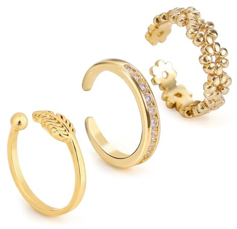 Mikovivi 3pcs Toe Rings, 3 Styles Gold-Tone CZ Open Toe Ring for Women Dainty Adjustable Foot Jewelry Set Summer Beach Gift Decoration