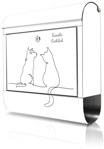 banjado Briefkasten Edelstahl personalisiert 38x43x12cm & 2 Schlüssel - rostfreier Edelstahl Briefkasten mit Zeitungsfach - Postkasten A4 Einwurf inkl. Montagematerial - Motiv Katzen-Hunde-Freundschaf