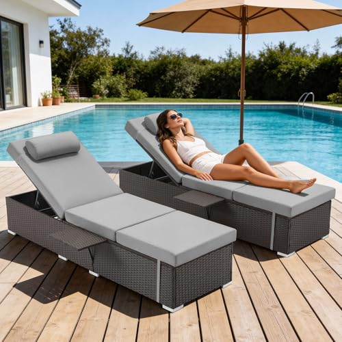 ZZWHOM Outdoor Chaise Lounge with Adjustable Backrest Set of 2, 6-Position Reclining Lounger Pool Chair, Thick 3-Inch Cushion & Side Tray, All-Weather PE Wicker for Outdoor, Backyard, Deck (Gray)