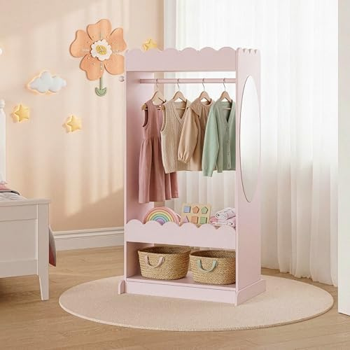 [en.casa] Kindergarderobe stehend Vestnes Kinder Kleiderschrank mit Spiegel und Kleiderstange 120 x 63 x 38 cm Kleiderständer mit 3 Haken Wellendesign Cotton Candy