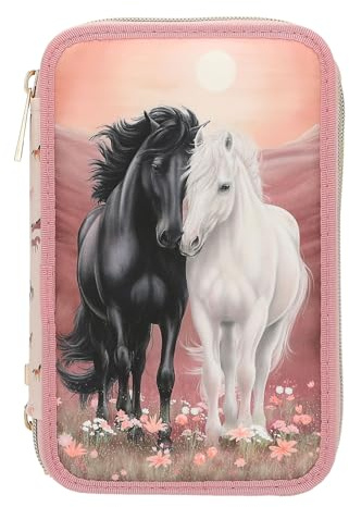 Depesche 13968 Miss Melody Blossom Pony - Gefüllte 3-Fach Federtasche in Rosa, mit Pferde Motiv und Pferde-Muster, Federmappe mit Buntstiften, Schere, Lineal UVM.