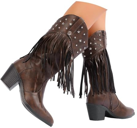 Générique Bottes mi-Mollet Femme Western Bout Pointu Talon compensé Franges élégantes compensées Design Tendance pour Quotidien