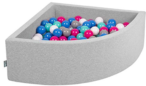 KiddyMoon Viertel Eckig Bällebad Bällepool 90X30cm/200 Bälle ∅ 7Cm Ballgruben Für Babys Spielbad Kleinkinder, Hergestellt In Der EU, Hellgrau:Weiß/Grau/Blau/Dunkelpink/Helltürkis