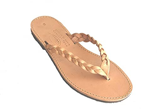 Goldbraune geflochtene Leder-Sandalen im antiken griechischen Stil, römische Damen-Sandalen, handgefertigte Schuhe, Zehenring,