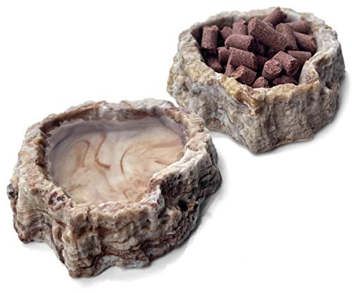2 Pack Reptile Food Bowls - Reptile Water and Food Bowls with Tongs Imitating Natural Rock，Breadworm Feeding for Leopard Gecko Lizard Spider Scorpion Chameleon (2 Pcs Light Color)