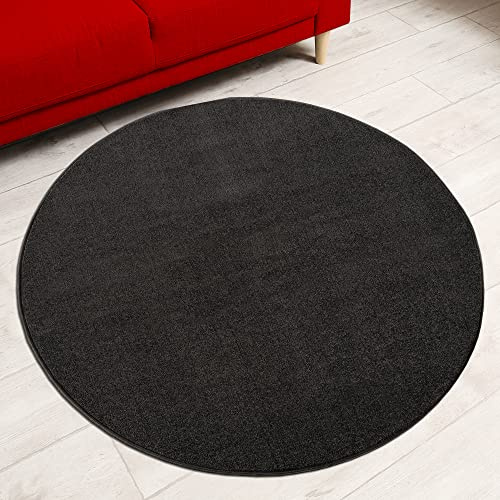 Impression Kurzflor-Wohnzimmerteppich - Schlichte Moderne Teppiche für Schlafzimmer, Büro, Flur, Küche, Kinderzimmer - Dunkelgrau, 80 cm Rund