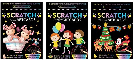 Kratzbilder Set für Kinder: 9 Kratzmotive mit tollen Farbeffekten, Verschiedene Themen wie Tierwelt, Einhörner, Piraten, Ozean, Dinosaurier, Meerjungfrauen,Weihnachten (Cartoon+Campus+Weihnachten)
