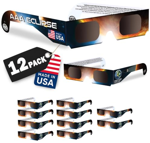 AAA Eclipse [12 PACK Solar Eclipse Glasses - AAS Approved 2026 - Made in USA - ISO Certified 12312-2 & CE Certified Lunette Eclipse Solaire