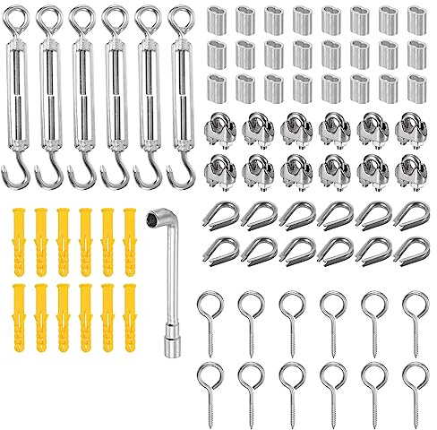 PATIKIL 6 x M5 Turnbuckle Tension with Eye & Hook, 12 x M3 Wire Rope Cable Clips, 12 x M3 Thimble, 24 x Crimping Sleeves, 1/8 Inch Stainless Steel Kit for Garden Outdoor