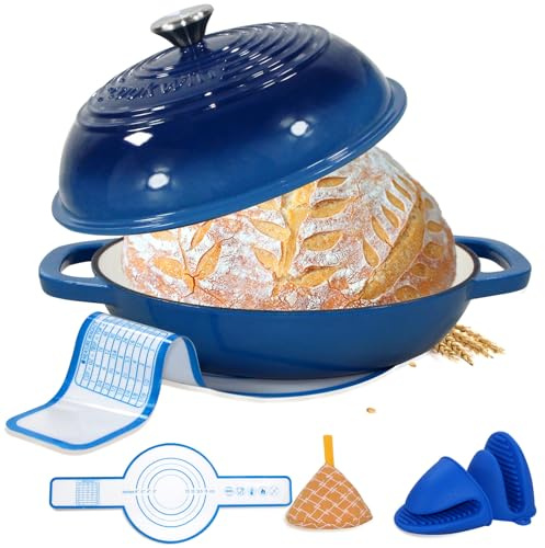 Enameled Cast Iron Bread Oven, 6 Quart Dutch Oven for Bread Sourdough Baking, 11 Thick Enamel Bread Baking Pan Kit with Lid for Stews, Roasts and Gifts for Family, Blue