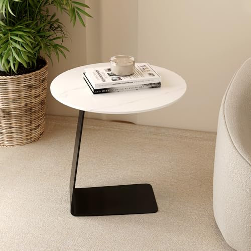 GOLDFAN Beistelltisch Sofatisch Marmor Rund Couchtisch Metall Kleiner Beistelltisch C Form fürs Besprechungen Sofa Tisch, laptoptich und sofatablett, Weiß, 50x50x49cm