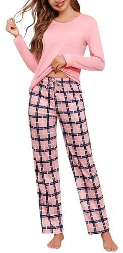 Irdcomps Pijamas Invierno Mujer Algodón Long Pajama Pantalon Ropa para Dormir con Bolsillos Algodon Manga Larga Conjunto A#Rosa XXL