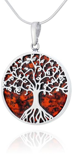 AMBEDORA Grand collier pour femme avec arbre de vie celtique Mod.04 avec ambre, argent sterling poli, ambre de la Baltique de couleur cognac, pendentif argenté sur chaîne, Argent sterling, Ambre