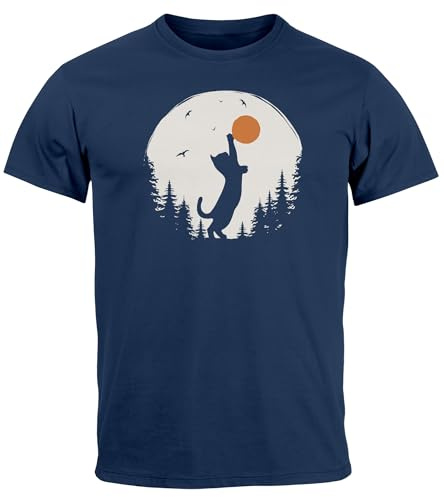 Neverless® Herren T-Shirt Frontprint Katze Silhouette Natur Aufdruck Printshirt Grafik Fashion Streetstyle Navy XL