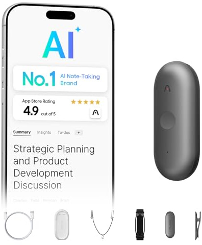 AI röstinspelare, PLAUD NotePIN röstinspelare, appkontroll, transkribera och sammanfatta beprövad av ChatGPT, stöder 59 språk, 64 GB minne, grå
