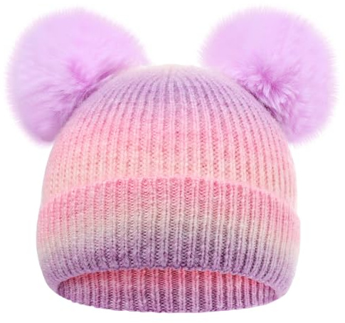 CHUANGLI Barn vinter stickad mössa hatt färgglad pompom öron skidhatt för pojkar flickor 7-12 år, Regnbåge Lila, 7-12 År