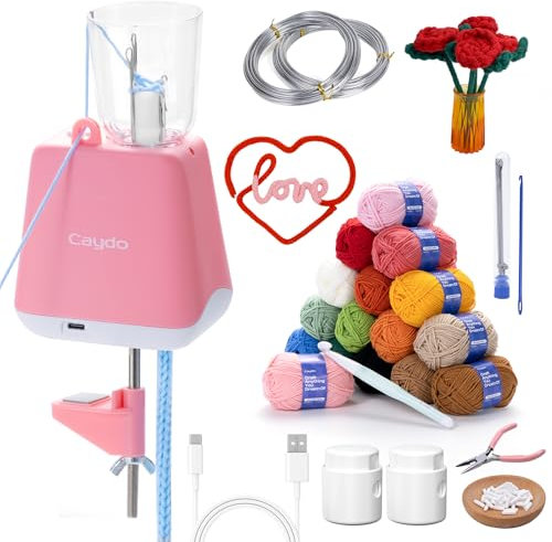 Caydo Strickmühle Kit Häkelset für Anfänger, Elektrisch Strickmaschine Set Automatische Herstellung von Strickschläuchen, Deko Schnur Strickliesel, Geschenk DIY Häkelmaschine für Erwachsene&Kinder
