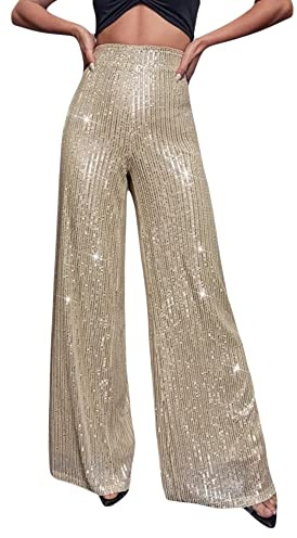 Miolasay Damen Pailletten Weite Bein Hosen Glänzende Lockere Lässige Elastische Hohe Taille Funkelnde weite Hosen für Clubwear Streetwear, XL