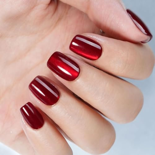Yamobi 24 Stück quadratische, künstliche Nägel, Katzenaugen-Design, rot, glänzend, Full Cover, Acryl, 24 milliliter, 1 Set, 1 Packung