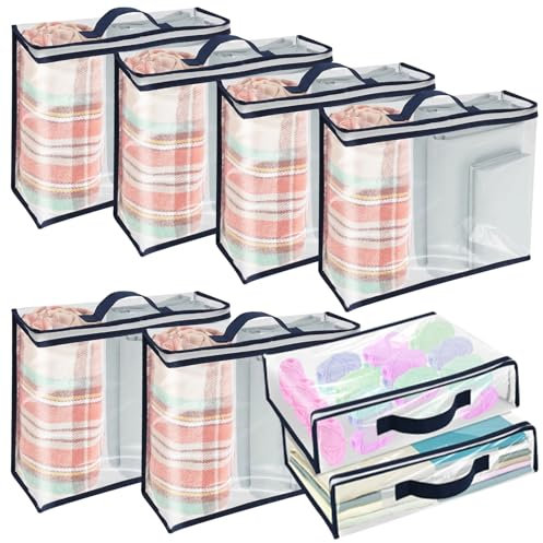 8pcs Clear Clothes Storage Bag Organizer with Bule Reinforced Handle, 30 x 40cm Clothes Storage Bags with Zips, Can Be Stored Sweater Clothes Bed Sheet Pillow for Closet & Under Bed Storage (White)