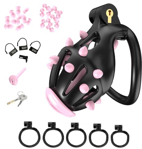 BDSMLOVE Chastity Cage Male mit 5 Hodenringe Peniskäfig für Männer - Herren Gebogener Keuschheitskäfig,Cock Cage Penis Cage mit Harnröhrendilatator mit Spikes Sex Spielzeug Hart (Schwarz, M)