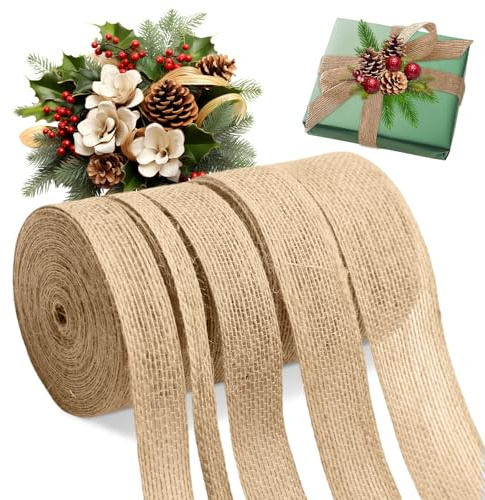 Juteband 5 Rollen Jute Band Burlap Band Vintage Sackleinen Geschenkband Hessisches Stoffband Weihnachtsband für DIY Handwerk Jahrestag Deko Hochzeit Party Basteln 1/2/2,5/3/3,8 cm Breite