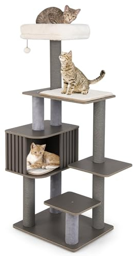 GOPLUS 151 cm Árbol Multinivel para Gatos, Torre para Gatos con Percha Superior Acolchada, Condominio de Estilo Vallado, Postes Rascadores, Almohadillas Desmontables, Mueble de Escalada para Gatos