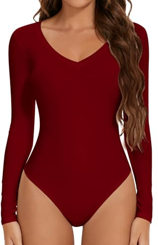 Joyshaper Body Femme Manche Longue Col V Haut T-shirt Décontracté Body Tanga Long Sleeve Bodysuit Tops, Vin Rouge, M