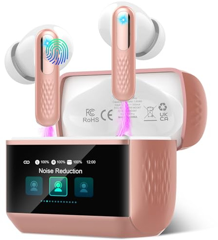 ZYHKON Ecouteurs Bluetooth sans Fil, Écouteur Bluetooth 5.4 avec Écran Tactile Multifonction, Stéréo Immersif Ecouteurs sans Fil avec Réduction du Bruit ANC/Mode Transparence/Mode 5 EQ,Rose