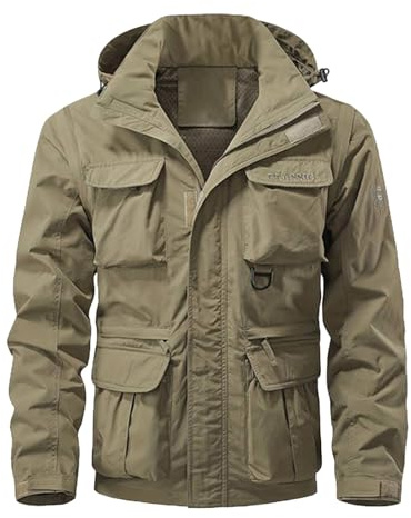 Mens Winter Coats Military Cargo Jackets for Men Multi-pocket Hiking Coats with Hood Zip Up Long Sleeve Army Safari Bomber Men Jackets (1-khaki,large)