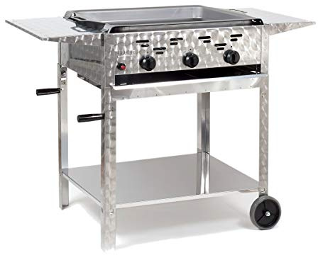 Gasbräter 11kW 3-flammiger Edelstahl-Brenner fahrbar mit Stahlpfanne und Abstellplatten Gasgrill Gastrobräter Profigrill Verein