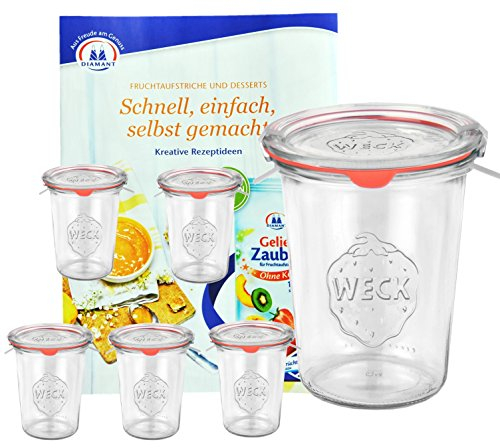 6er Set Original WECK 3/4-Liter Sturzglas, 850 ml, Rundrandglas RR100 + Glasdeckel + Dichtring + Weck-Klammern + GRATIS Rezeptheft, Einmachglas, Einkoch-Set, Einlegen, Einwecken + Konservieren, Glas