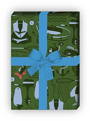 Kartenkaufrausch Grünes Angler Geschenkpapier Set mit Reusen, Angelhaken und Co für tolle Geschenk Verpackung, Designpapier, scrapbooking, 4 Bogen, 32 x 48cm