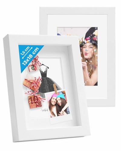 PHOTOLINI 3D Bilderrahmen zum Befüllen 13x18 Weiß, 1,5 cm tiefer Objektrahmen mit Glas, 2x tiefer Bilderrahmen 13x18 Holz MDF mit Passepartout, dicker 3D Rahmen befüllbar für Gegenstände Geschenk