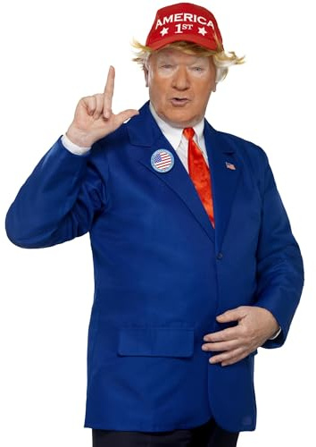 Smiffys Erwachsenenkostüm Donald Trump Präsident, Jacke mit Beflockung Kappe Krawatte, 100 % Polyester, Einheitsgröße (Erwachsene), Männer, Kostüm, Politik, Maskerade