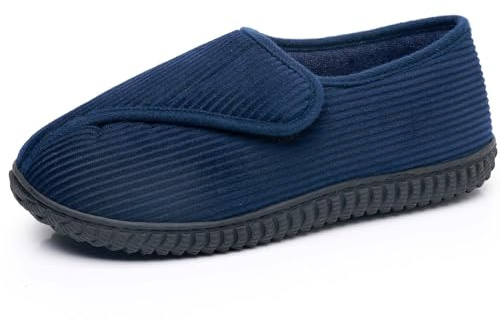 Git-up Men Memory Foam Diabetic Slippers Adjustable Arthritis Edema Swollen Feet Wide House Shoes Comfy Soft Non-Slip Plus Size Indoor Outdoor Slipper,Blue,14 D(M).