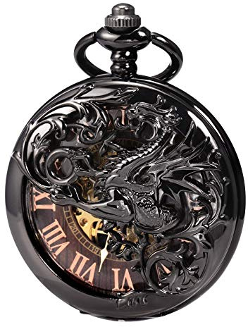 TREEWETO Mens Antique Dragon Mechanical Skeleton Pocket Watch Wooden Roman Numerals Dial Black Double Case Pocket Watches for Men