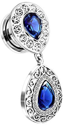 beyoutifulthings Ohr-Tunnel Tropfen Anhänger Silber Zirkonia Blau Clear Ohr-Piercing Edelstahl Ohr-Schmuck Screw Fit Plug Schraub-Verschluss 6-16mm