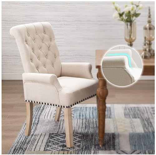 adochr Dining Chairs with Arms, Upholstered Linen Dining Room Chairs with Solid Wood Legs, Accent Armchair for Kitchen Dining Living Room, Beige