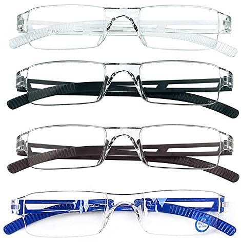 MMOWW 4er Pack randlose Lesebrille für Damen und Herren mit klarer | Rechteckig, Blaulicht-Blockierbrille