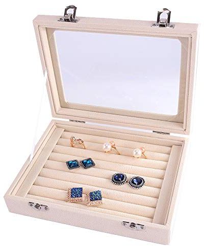 POFET 7 scomparti in velluto con coperchio trasparente per orecchini, vassoio per gioielli per gemelli