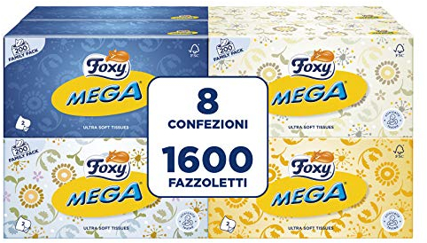 Foxy Mega | Fazzoletti in scatola | 8 Box da 200 fazzoletti 2 veli | 4 colori assortiti | Carta 100% certificata FSC® | Confezione 100% riciclabile