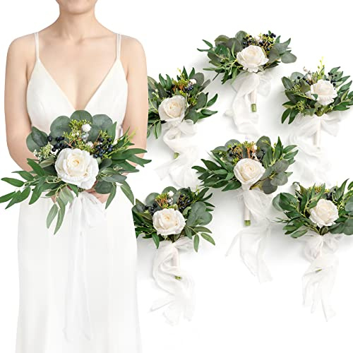 Ling's moment Artificial Bridesmaid Bouquets Set of 6 Eucalyptus Wedding Flower Bouquets White Floral Bouquet Bridal Bouquets with Ribbon Ceremony,Anniversary,7-inch Diameter