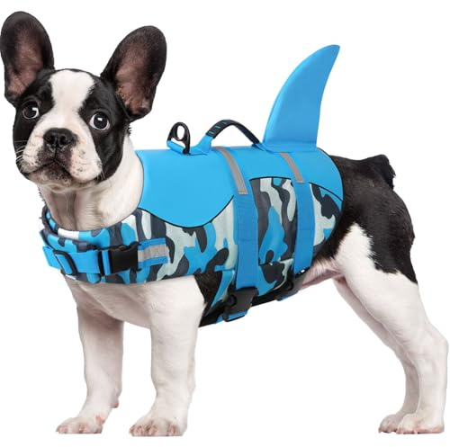 CITÉTOILE Chaleco de rescate de tiburón para perro pequeño y grande, ajustable, con asa, chaleco flotante para mascotas, chaleco salvavidas para animales para deportes acuáticos, azul camuflaje, M