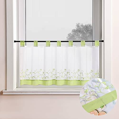 Joyswahl Voile Scheibengardine mit Blumenstickerei »Noah« transparente Bistrogardine mit Schlaufen Landhausstil Kurzstore HxB 30x120cm Grün 1er Pack