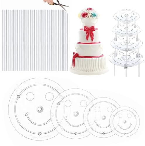 xlwen Tableros de Pastel, Soporte para Tartas Reutilizable, Plástico Soporte para Tartas, 4 Base de Pastel con 12 Varillas de Soporte para Apilar Tartas, Fiestas Cumpleaños Bodas Pastel