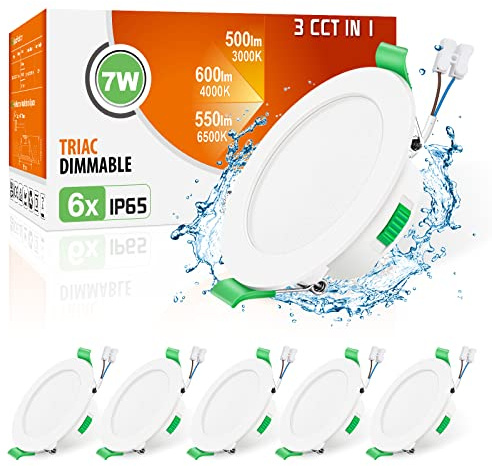 ALUSSO IP65 LED Downlights Dimmable 7W Slim Recessed Ceiling Lights, 3CCT 3000K Warm 4000K Neutral 6500K Cool Adjustable Bathroom Spotlights, White, 6 Pack