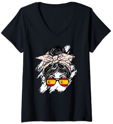Damen Spanien-Sonnenbrille, unordentlicher Dutt mit Bandana, spanische Flagge T-Shirt mit V-Ausschnitt