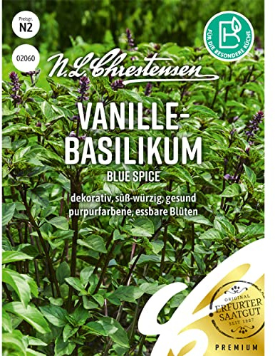 Blue Spice Vanille-Basilikum Basilikum Samen | Saatgut ca. 400 Pflanzen, süß-würzigem Aroma, auch die Blüten sind essbar