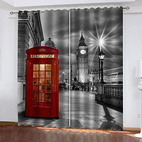 FIBITA Vorhang Blickdicht Vereinigtes KÖnigreich. Vorhänge London Gardinen Wohnzimmer Schlafzimmer Verdunklungsvorhänge Thermovorhang 3D Druck Schallschutz Vorhang mit Ösen 2er Set B 110 x H 215 cm